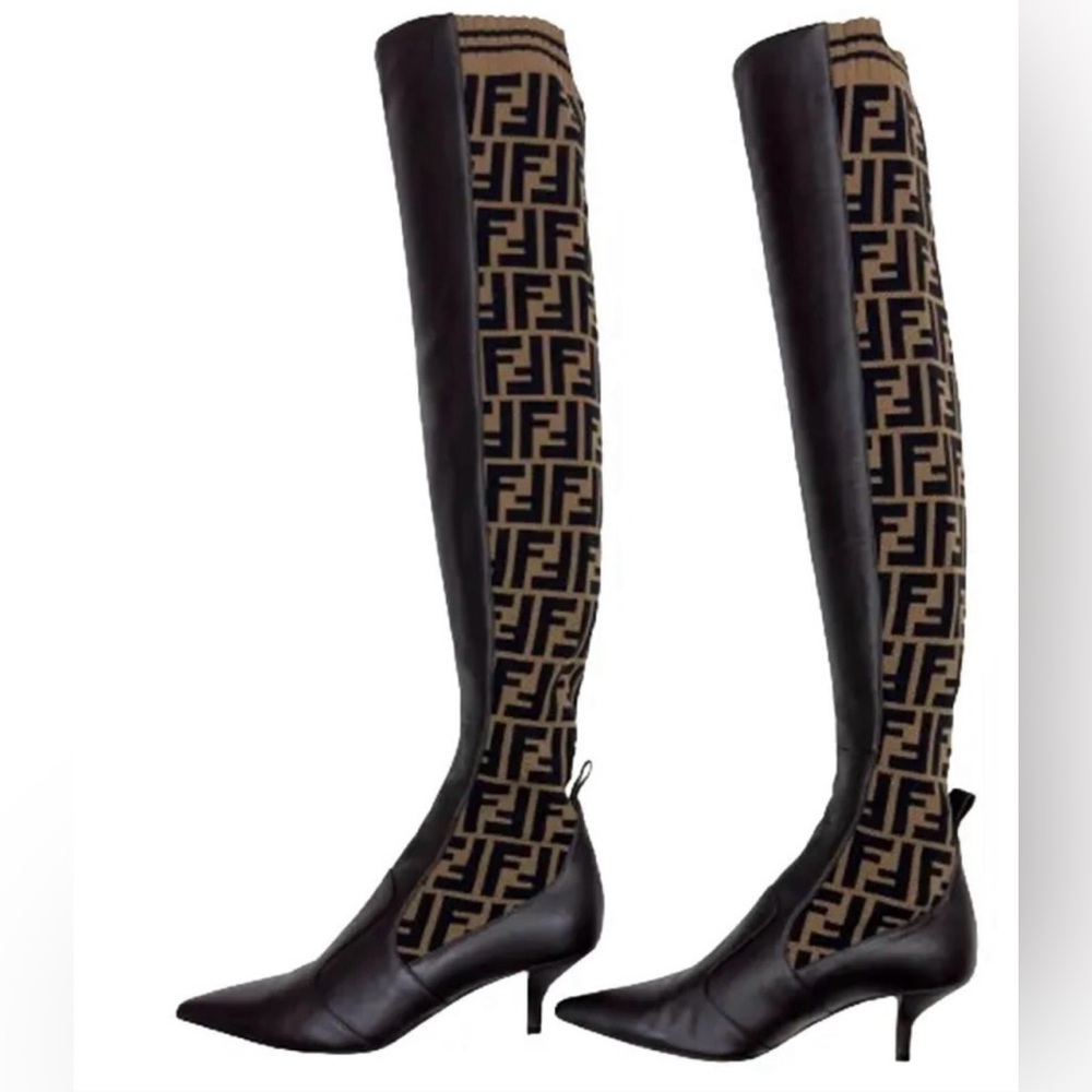 Fendi Rockoko Black and Brown Patterned Over-the-Knee Boots Size 38 Never worn